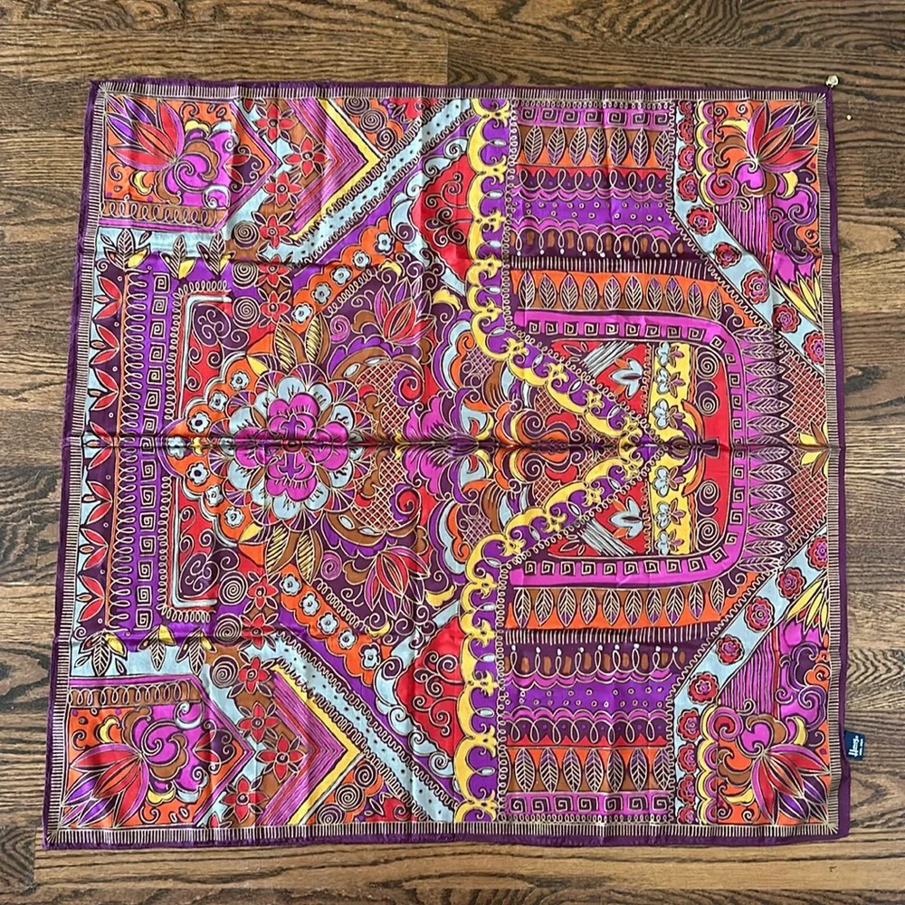 Honey Purple Printed 100% Silk Scarf Foulard Made in Japan